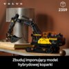 Model koparki z klocków LEGO Technic oznaczony jako EC500 Hybrid stoi na drewnianej powierzchni przed perforowanym cylindrem, z widocznym logo "VOLVO" oraz napisem "Zbuduj imponujący model hybrydowej koparki". W prawym górnym rogu znajduje się ikona klocka z numerem 2359.