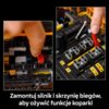 Na zdjęciu widoczne są dwie zbliżenia na elementy konstrukcyjne zestawu LEGO Technic, z rękami manipulującymi czerwonymi częściami. Na dole znajduje się tekst: "Zamontuj silnik i skrzynię biegów, aby ożywić funkcje koparki".