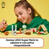 Na zdjęciu widoczny jest zestaw klocków LEGO z serii Super Mario, przedstawiający różne elementy konstrukcyjne oraz postać trzymaną w ręku przez dziecko. W dolnej części zdjęcia znajduje się napis: "Zestaw LEGO Super Mario to zabawa w role pełna niespodzi