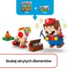 Na zdjęciu znajduje się zestaw klocków LEGO z serii Super Mario, przedstawiający postacie z gry oraz skrzynię z diamentami. Widoczny jest napis: "Szukaj ukrytych diamentów".