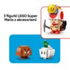 Na zdjęciu znajdują się trzy figurki LEGO z serii Super Mario z akcesoriami, przedstawione na białym i niebieskim tle. Widoczny jest tekst: "3 figurki LEGO Super Mario z akcesoriami".