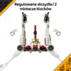 Zestaw LEGO przedstawiający myśliwiec z regulowanymi skrzydłami i dwoma miotaczami klocków, na białym tle z tekstem: "Regulowane skrzydła i 2 miotacze klocków". W rogach zdjęcia znajdują się żółte i czarne elementy graficzne.