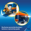 Zestaw LEGO przedstawia pojazd z ruchomą wyrzutnią klocków i komorą z wyrzutnią quada, z widoczną figurką na quadzie. Na dole zdjęcia znajduje się tekst: "Ruchoma wyrzutnia klocków i komora z wyrzutnią quada".