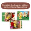 Na zdjęciu widoczne są trzy ujęcia przedstawiające zestaw LEGO z serii Animal Crossing, w tym figurkę psa w żółtym ubraniu, leżącą na łóżku, trzymającą list oraz stojącą przy pianinie. Na górze zdjęcia znajduje się napis: "Domek do zbudowania z łóżkiem, p