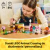Na zdjęciu widoczny jest zestaw klocków LEGO przedstawiający kolorowe domki i postacie z serii Animal Crossing, ułożone na drewnianym stole. W dolnej części zdjęcia znajduje się napis: "Domki LEGO Animal Crossing do zbudowania i personalizacji".