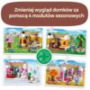 Na zdjęciu widoczne są cztery różne sceny przedstawiające domki z klocków LEGO, każda z innym motywem sezonowym, oraz napis: "Zmieniaj wygląd domków za pomocą 4 modułów sezonowych". W centralnej części znajduje się okrągła ikona z symbolami pór roku.
