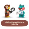 Dwie minifigurki LEGO przedstawiające sowę Blathersa z lupą i żabę Lily trzymającą biały element. Poniżej znajduje się napis: "Minifigurki sowy Blathersa i żaby Lily".