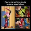 Na zdjęciu widoczny jest zestaw LEGO przedstawiający kolorowego robota z ruchomymi biodrami, ramionami, stopami i głową, złożony z różnobarwnych klocków. W tle znajduje się tekst: "Figurka ma ruchome biodra, ramiona, stopy i głowę".