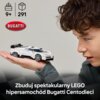 Na zdjęciu widoczny jest model LEGO samochodu Bugatti Centodieci trzymany na dłoni, z oznaczeniami "9+" i "291" oraz logo "BUGATTI". Na dole zdjęcia znajduje się napis: "Zbuduj spektakularny LEGO hipersamochód Bugatti Centodieci".