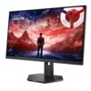 Monitor z logo "Lenovo LEGION" na ekranie, wyświetlający grafikę przedstawiającą osobę stojącą przed górskim krajobrazem o zachodzie słońca. Monitor ma nowoczesną podstawę i cienkie ramki.
