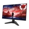 Monitor z wyświetlaczem przedstawiającym postać stojącą przed krajobrazem górskim w czerwono-niebieskiej tonacji, z widocznym logo "Lenovo LEGION" w lewym górnym rogu. Monitor ma nowoczesną podstawę w kształcie litery "V".