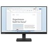Monitor marki Lenovo wyświetla dokument tekstowy z nagłówkiem "Experiences built for focus" oraz tekstem opisującym znaczenie skupienia. Na dolnym pasku ekranu widoczne są ikony systemowe i aplikacji.