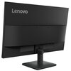 Czarny monitor z logo "Lenovo" na tylnej obudowie, zamontowany na prostokątnej podstawie. Obudowa monitora ma gładką powierzchnię z widocznymi otworami montażowymi.