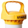 Zdjęcie przedstawia górną część żółtego reflektora z uchwytem, na którym widnieje czarny napis "STANLEY". Produkt ma cylindryczny kształt z widocznymi ząbkami poniżej uchwytu.