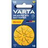 Niebieskie opakowanie baterii do aparatu słuchowego z napisem "VARTA HEARING AID BATTERIES" oraz "24 PACK" na żółtym tle, poniżej widoczny jest symbol ucha i napis "MADE IN GERMANY". Na dole opakowania znajduje się okrągły pojemnik z żółtymi bateriami ozn