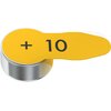Na zdjęciu widoczna jest okrągła bateria z żółtą naklejką, na której znajduje się czarny znak plus oraz liczba "10". Bateria ma metaliczną obudowę.