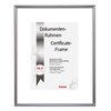 Srebrna ramka na dokumenty z widocznym napisem "Dokumenten-Rahmen Certificate-Frame" oraz informacją o rozmiarze "DIN A4 21 x 29,7 cm". Na dole znajduje się logo "hama".