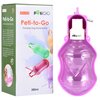 Na zdjęciu znajduje się fioletowa butelka na wodę dla psa oraz opakowanie z napisem "PetiGIO Peti-to-Go Portable Dog Water Bottle 280ml". Opakowanie przedstawia różnokolorowe butelki oraz zdjęcie psa, a na butelce widnieje logo "PetiGIO".