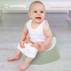 Na zdjęciu znajduje się biało-zielony nocnik, na którym siedzi dziecko w białej koszulce. W lewym górnym rogu widoczne jest logo "sun baby".