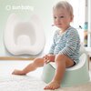 Na zdjęciu widoczny jest biało-zielony nocnik marki Sun Baby, na którym siedzi dziecko w pasiastym ubranku. W tle znajduje się logo "sun baby" oraz zbliżenie na wnętrze nocnika.
