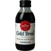 Butelka napoju o pojemności 200 ml z ciemnym płynem, z etykietą w kolorze białym i czerwonym, na której widnieje napis "GRANO TOSTADO Cold Brew 100% Arabika Premium Coffee Drink Vanilla".