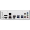 Tylny panel płyty głównej z różnorodnymi portami, w tym HDMI, DisplayPort, USB 10G, USB 5G, portem Ethernet 2.5G, złączem USB-C, oraz gniazdami audio oznaczonymi jako MIC IN, OUT i IN. Widoczne są także dwa złącza antenowe WiFi oraz logo "GAMING" z symbolem krzyżaka.