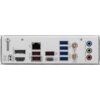 Tylny panel płyty głównej z różnorodnymi portami, w tym HDMI, DisplayPort, USB 10G, USB 5G, USB-C, złączem Ethernet 2.5G, oraz trzema gniazdami audio oznaczonymi jako MIC-IN, LINE-OUT i LINE-IN. Widoczne są także dwa złącza antenowe WiFi oraz logo "GAMING" z symbolem krzyża.