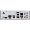 Tył płyty głównej z różnorodnymi portami, w tym HDMI, USB-C, USB 3.0, USB 2.0, Ethernet, oraz złączami audio oznaczonymi jako MIC IN, OUT, IN. Widoczne są także dwa złącza antenowe WiFi 7 oraz logo producenta.