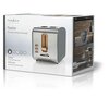 Pudełko przedstawia toster w kolorze szarym z drewnianymi akcentami, przeznaczony na dwie kromki chleba. Na opakowaniu widnieje napis "Toaster for two slices of bread" oraz ikony funkcji, takich jak podgrzewanie, rozmrażanie i anulowanie.