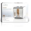 Pudełko przedstawia biały toster z drewnianymi elementami, przeznaczony na dwie kromki chleba. Na opakowaniu widnieje napis "Toaster for two slices of bread" oraz logo "nedis".