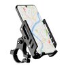 Uchwyt na telefon do roweru wykonany z metalu, z zamocowanym smartfonem wyświetlającym mapę z trasą i dwoma znacznikami lokalizacji. Produkt ma solidną konstrukcję z elementami montażowymi i regulacją kąta nachylenia.