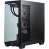 Czarny komputer stacjonarny z przezroczystym panelem bocznym, przez który widać wnętrze z podświetleniem RGB. Na obudowie znajduje się logo "OPTIMUS E-SPORT" oraz widoczne są dwa wentylatory z kolorowym podświetleniem.