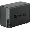 Czarny serwer plików z widocznym logo "Synology" na boku obudowy. Na przednim panelu znajdują się wskaźniki LED oznaczone jako STATUS, LAN 1, LAN 2, DISK 1, DISK 2 oraz przyciski zasilania i kopiowania.