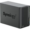 Czarny serwer plików z widocznym logo "Synology" na przedniej części obudowy. Na bocznej krawędzi znajdują się diody LED oznaczone jako "Status", "LAN", "Disk 1" i "Disk 2", a poniżej przyciski zasilania i USB.