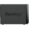 Czarny serwer plików z widocznym logo "Synology" na matowej obudowie. Obudowa ma prosty, nowoczesny design z błyszczącym wykończeniem na jednym z boków.