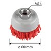 Na zdjęciu znajduje się szczotka ścierna z czerwonym włosiem i metalowym mocowaniem oznaczonym jako M14. Na górnej części widnieje napis "MAX 12500 RPM WEAR EYE PROTECTION", a średnica szczotki wynosi 60 mm.