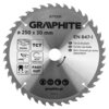 Srebrna tarcza do cięcia z widocznymi zębami, oznaczona jako GRAPHITE 57T231, o średnicy 250 mm i otworze 30 mm, z oznaczeniami dotyczącymi materiału (drewno), technologii (TCT), kąta cięcia (15°), maksymalnej prędkości (7000 min⁻¹) oraz grubości (2,4 mm 