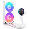 Białe chłodzenie wodne z dwoma wentylatorami RGB, połączone z okrągłym wyświetlaczem pokazującym temperatury: "NZXT 32° GPU, 34° CPU, 29° Liquid". Na obudowie widoczne jest logo "NZXT".