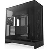 Czarna obudowa komputerowa z przezroczystymi panelami, widocznymi wentylatorami i perforowanymi elementami, z logo "NZXT" na jednym z paneli. Na dolnym panelu znajdują się porty USB i przyciski.