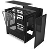 Czarna obudowa komputerowa z serii NZXT H3 Flow jest przedstawiona w rozłożonej formie, ukazując różne panele i wnętrze. Na dolnym panelu widoczne jest logo "NZXT".