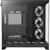 Czarna obudowa komputerowa z przezroczystym panelem bocznym, wewnątrz której widoczne są trzy pionowe wentylatory oraz logo "NZXT". Wnętrze obudowy jest przestronne, z miejscem na komponenty komputerowe i otworami wentylacyjnymi.