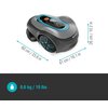 Na zdjęciu znajduje się robot koszący w kolorze szarym z niebieskimi akcentami, z widocznymi wymiarami: 60 cm / 23.6 in, 41 cm / 16.1 in, 26 cm / 10.2 in. Na dole widnieje ikona wagi z napisem "8.6 kg / 19 lbs", a na obudowie robota znajduje się logo "GAR