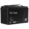 Czarny akumulator z białymi napisami: "Sealed Lead-Acid Battery 10HR (25°C) / AGM30 12V / 100Ah". Na dole znajduje się sekcja z instrukcjami i ostrzeżeniami oraz logo "GC".
