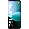 Na zdjęciu widoczny jest smartfon z dużym ekranem, na którym wyświetlone jest słowo "REDMI 15C" oraz logo "mi" w pomarańczowym kwadracie. Tło ekranu jest w odcieniach niebieskiego i czarnego.