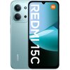 Na zdjęciu widoczny jest zielony smartfon z dużym ekranem, na którym wyświetlony jest napis "REDMI 15C" oraz logo "mi" w górnym rogu. Obok ekranu widać tylną część urządzenia z dwoma dużymi obiektywami aparatu i napisem "REDMI".