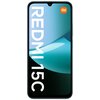 Na zdjęciu widoczny jest smartfon z wyświetlaczem, na którym znajduje się napis "REDMI 15C" oraz logo "mi" w pomarańczowym kwadracie. Tło ekranu jest w odcieniach niebieskiego i zielonego.