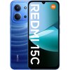 Smartfon w kolorze niebieskim z dużym wyświetlaczem, na którym widoczny jest napis "REDMI 15C" oraz logo "mi" w pomarańczowym kółku. Obok ekranu znajdują się dwa duże obiektywy aparatu oraz napis "REDMI" na obudowie.