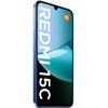 Smartfon z niebieską obudową, na ekranie widoczny jest napis "REDMI 15C" oraz logo "mi" w pomarańczowym kółku. Wyświetlacz prezentuje abstrakcyjną grafikę w odcieniach niebieskiego i zielonego.