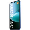 Smartfon z niebieską obudową, na ekranie widoczny jest napis "REDMI 15C" oraz logo "mi" w pomarańczowym kwadracie. Wyświetlacz zajmuje prawie całą przednią powierzchnię urządzenia.