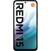Smartfon z dużym ekranem, na którym widoczny jest napis "REDMI 15" oraz logo "mi" w pomarańczowym kwadracie. Tło ekranu ma gradientowe odcienie niebieskiego i fioletowego.